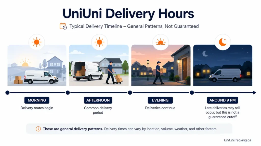 UniUni Delivery Hours: What Time Does UniUni Deliver? 2 UniUni delivery hours timeline showing morning afternoon and evening delivery periods