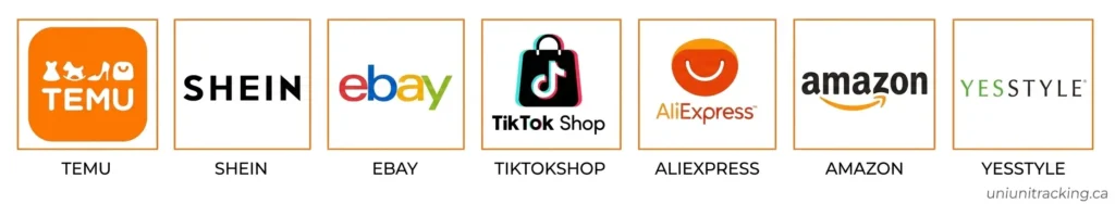 2 Logos of supported online stores for UniUni tracking including Temu, Shein, eBay, TikTok Shop, AliExpress, Amazon, and YesStyle with uniunitracking.ca domain badge.